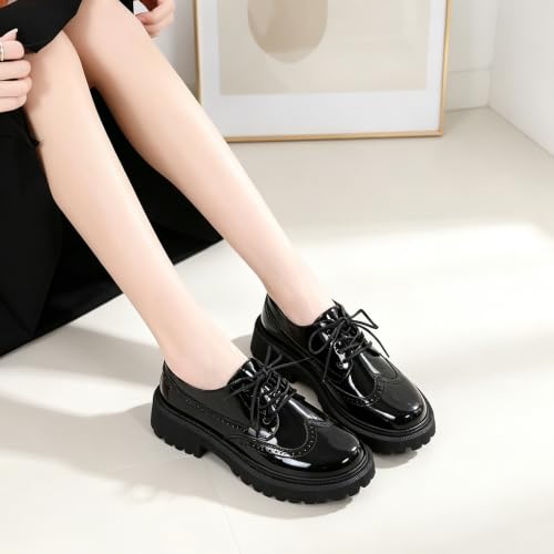 Image of Oxford Shoes for Women Patent Platform Non‑Slip Work Dress Casual Shoes | Polishable patent leather platform oxfords, non slip flats for work, school formal, business & casual daily dress wear