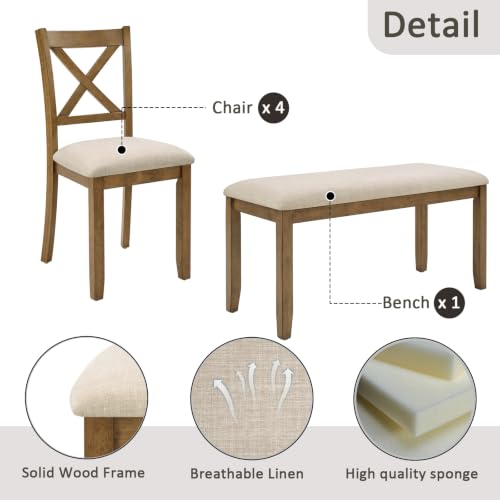 Image of Harper & Bright Designs Complete 6-Piece Oak Dining Set -58.5 inch Rectangular Table + 4 X-Back Chairs + Upholstered Bench,Solid Rubberwood Frame,Farmhouse Style,Seats 6