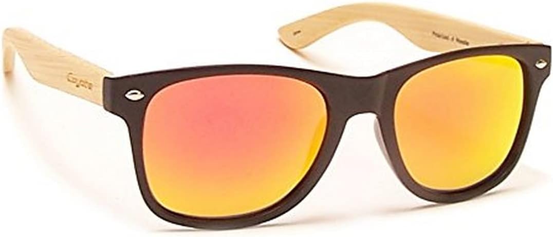 Coyote Eyewear Woodie Polarized Sunglass with Natural Wood Temples, Black/Bamboo/Red Mirror
