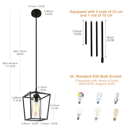 PAKOKULA Black Pendant Lights 1-Light Pendant Lights Kitchen Island Farmhouse Lantern Pendant Light Iron Cage Hanging Light Fixtures with Clear Glass Shade for Dining Room, Entryway, Hallway, Porch - Image 5