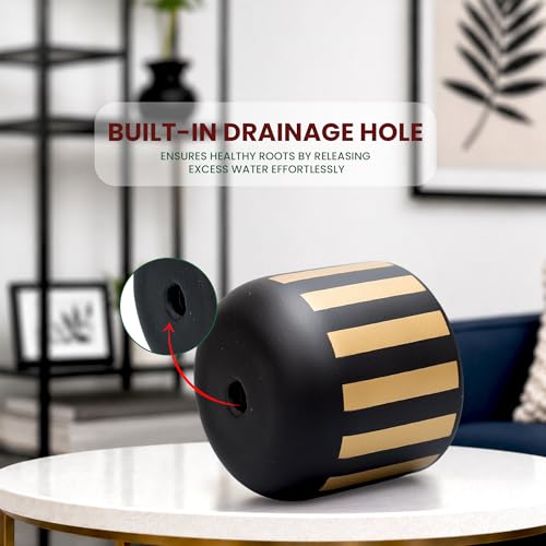 Image of Urban Plant Black Gold Stripe Handcrafted Terracotta Planter | Luxury Indoor Clay Pot for Living Room | Artisan Decorative Flower Pot | Modern Home Decor | Drainage Hole | 4.5 Inch