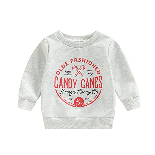 Twopumpkin Christmas Shirts for Toddlers Baby Girl Boy Candy Cane Long Sleeve T-Shirt Crewneck Sweater Fall Winter Outfit (Candy Canes Gray,3-4T)