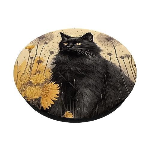 Black Cat Floral Dandelion Flower PopSockets Swappable PopGrip - Image 2