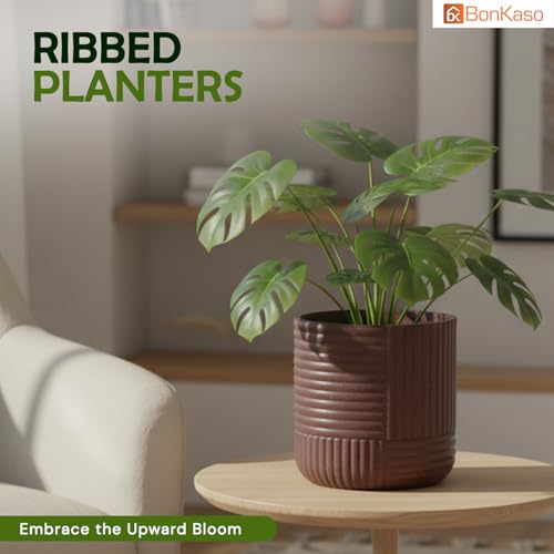 Image of Bonkaso 12 Inch Ribbed Planter Pot for Indoor & Outdoor Use | Round Heavy Duty Polymer Flower Pot | Lightweight Weather Resistant Modern Gamla for Living Room Balcony & Terrace (Brown)