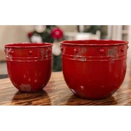 Primitive Farmhouse Vintage 2 Chippy Aged RED Metal Bowl Basket Containers for Kitchen Farmhouse Holiday Home Decor