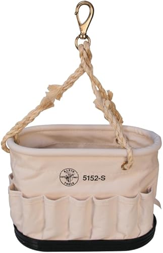Klein Tools 5152S Cubo de lona, organizador ovalado para herramientas con asa para colgar cuerda de sisal, 26 bolsillos interiores y 15 bolsillos