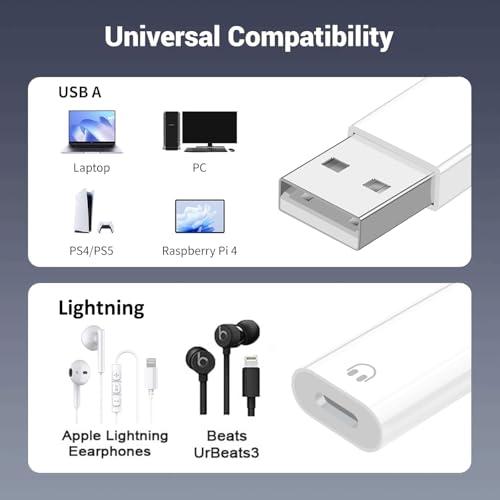 USB A to Lightning Female Audio Adapter, External Sound Card USB-A to Female Lightning Adapter HiFi Audio Headphones Converter Fit with USB A MacBook Computer PC Support Volume Mic Nylon Braided