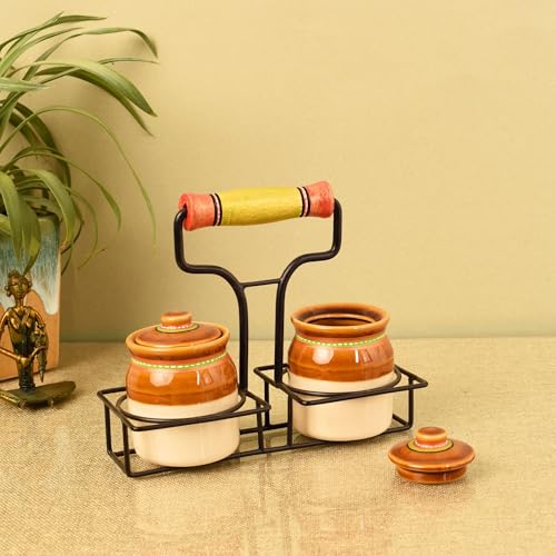 Image of AAKRITI ART CREATIONS Dual Elegance Ceramic Barni with Metal Stand | Ceramic Achar ki Barni & Mukhwas Box | Handcrafted Wali Art Storage Jar for Spice & Pickle | Traditional Achaar Barni for Kitchen