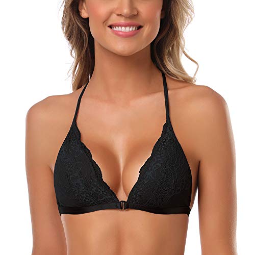 SHEKINI Damen Mädchen BH mit Verschluss vorne, Spitzen Racerback Spitzen BH Triangel Bralette Padded Unterwäsch Bustier Crop Dessous Bralette Top(Schwarz,M)