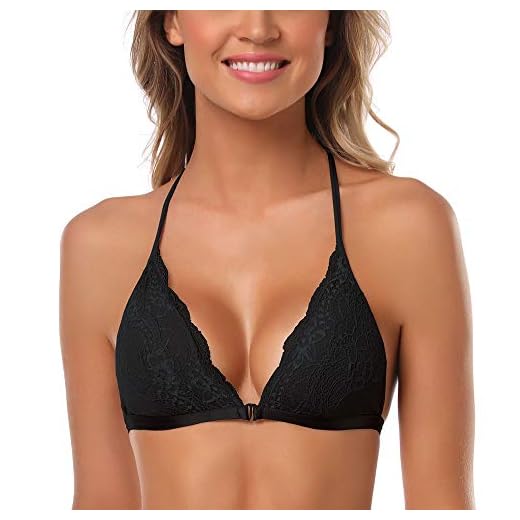 SHEKINI Damen Mädchen BH mit Verschluss vorne, Spitzen Racerback Spitzen BH Triangel Bralette Padded Unterwäsch Bustier Crop Dessous Bralette Top(Schwarz,M)