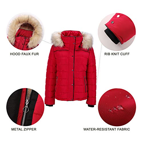 Royal Matrix Women's Hooded Puffer Coat Short Quilted Jacket Full Zip Warm Winter Thickened Coat, Regular & Petite Size(Red, 2