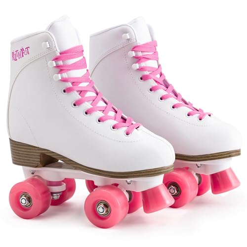 Ruthfot Patines de ruedas para mujeres y niñas con innovadoras ruedas de gelatina, patines clásicos de doble fila con piel sintética para niños y adultos