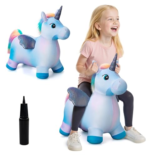 Image of EVERICH TOY Unicorn Horse Hopper, Plush Animal Hopping Toy for Toddler 18M+ | Inflatable Horse Hopping Toy for Boys Girls, Indoor Outdoor Plush Toy for 2 Year Old Kids, Gift for 2 3 4 5 6 Yrs W / Pump