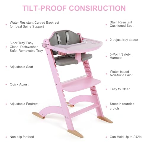 Image of Cowiewie New Upgrade 3-in-1 Convertible Wooden High Chair for Babies & Toddlers 10 Levels Adjustable 3-Tier Remove 2 Waterproof Cozy Cushions Pink