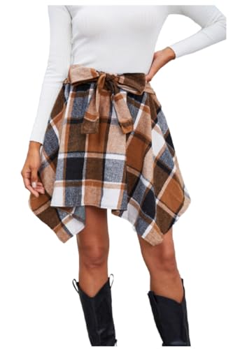 MakeMeChic Women's Plaid Skirt Bow Tie Front Elastic High Waisted Asymmetrical Fall Mini Skirts
