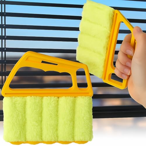 Image of 7-Slat Window Blind Duster - Microfiber Shutter & Vent Cleaner Tool with Ergonomic Handle, Reusable Washable Sleeves, Green & Orange Dust Remover for Home or Office