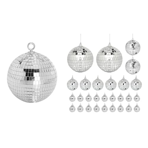 Bola espejada plateada de 6 pulgadas con set de 28 bolas espejadas mini: decoración con anillo colgante y 28 piezas de bolas espejadas en varios tamaños para DJ, fiesta temática años 70, boda y cumpleaños miniatura 1