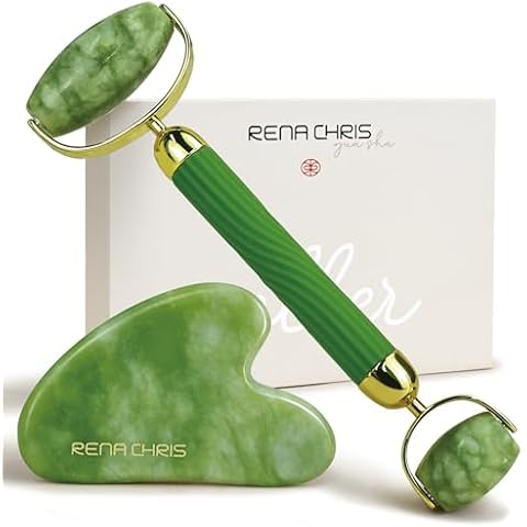 Rena Chris Face Roller & Gua Sha Set, Natural Jade Massage Tools for Jawline Sculpting and Puffiness Reducing, Beauty & Skincare Cover
