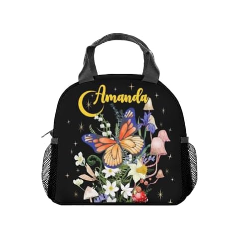 GIHSWE Custom Name Butterfly Lunch Bag for Girls Women - Personalized Reusable Insulated Lunch Bag with Shoulder Strap, Small Black, Ideal for School, Picnics, Travel Cover