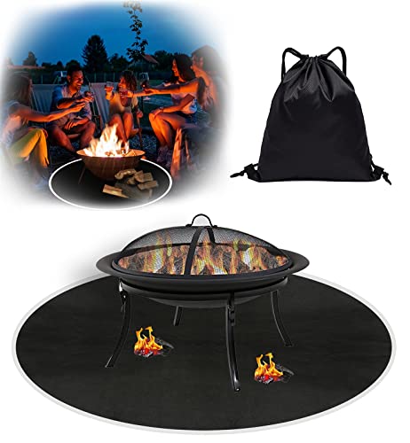 Heavyoff Feuerschale Matte 91cm Rund Feuerfeste Matte Hitzebeständige BBQ Grillmatte Feuerstellenmatte mit Reflektierenden Kanten für Terrassen,Gras,Boden,Zubehör für Camping Feuerstellen, Schwarz Cover