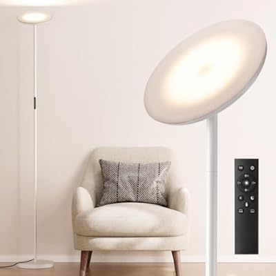 PreeOtti Modern LED Floor Lamp - Remote & Touch Control, Sky Torchiere Standing Lamp, Fully Dimmable, 3 Color Temperatures, Ideal for Living Room & Bedroom, Easy to Assemble(White)