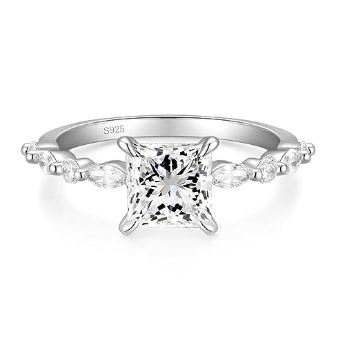2CT Moissanite Engagement Rings for Women D Color VVS1 Clarity 925 Sterling Silver Princess Cut Moissanite Wedding Marquise Promise Band Rings for Women Size 3-11