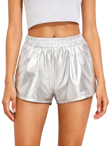 SOFIAS CHOICE Womens Metallic Shorts Summer High Elastic Waisted Rave Mardi Gras Shorts Silver Large