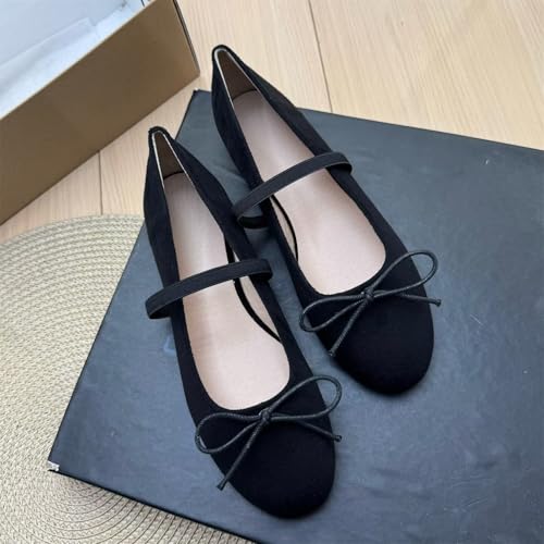 Image of TN TANGNEST Women's Mary Jane Flats Bow Ballet Shoes | Round Toe Flats with Buckle Strap Dressy Comfortable Faux Suede Flats