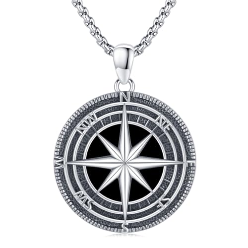 Collier boussole homme femme argent 925 onyx noir pendentif boussole mixte