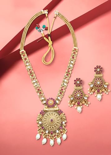 Image of Mansiyaorange South Indian Temple Style Long Pearl Rani Haar with Floral Necklace & Earrings | Traditional Gold Plated Kempu Kundan Stone Jewelry Set for Women