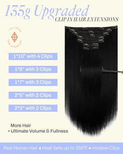 Image of Full Shine Jet Black Clip in Hair Extensions, 135g Real Human Hair | Straight Human Hair Clip in Extensions, Natural Volume & Length, Everyday Wear, Medium Hair Density, 16 Inch 7Pcs