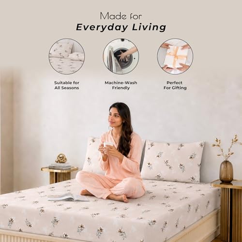 Image of King Size Elastic Fitted Bedsheet, 100% Pure Cotton King Size Fitted Bedsheet for Double Bed with 2 Pillow Covers, 240 TC, 72x78 Inches up to 8-inch Mattress, Floral (Cocoa Blossom)
