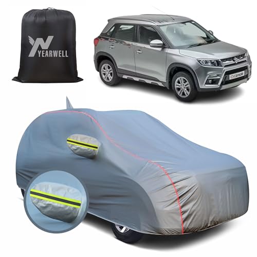 Image of Car Body Cover for Maruti Brezza New, 100% Waterproof, Heat-Resistant with Mirror & Antenna Pockets, Soft Cotton Lining, Triple Stitched, Green Reflector (Metallic Grey)
