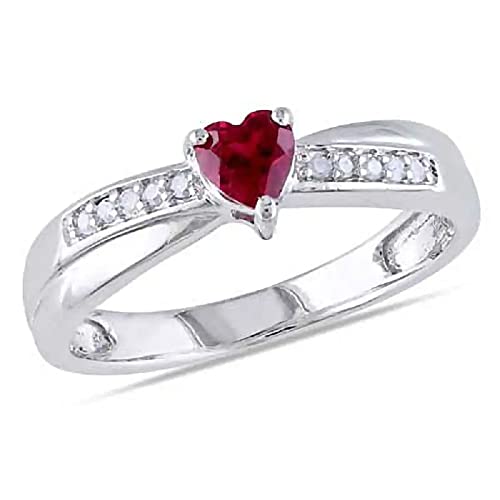 SILVER_MINE 4.0mm Heart-Shaped Ruby & Clear CZ Diamond Womens Promise Wedding Ring In 14K White Gold Plated