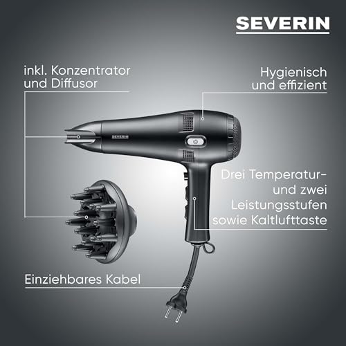 Severin Haartrockner mit Kabeleinzug, leistungsstarker Föhn mit Kaltlufttaste, inkl. Diffusor und Düse, 3 Heiz- & 2 Leistungsstufen, 1… – Ansicht 2