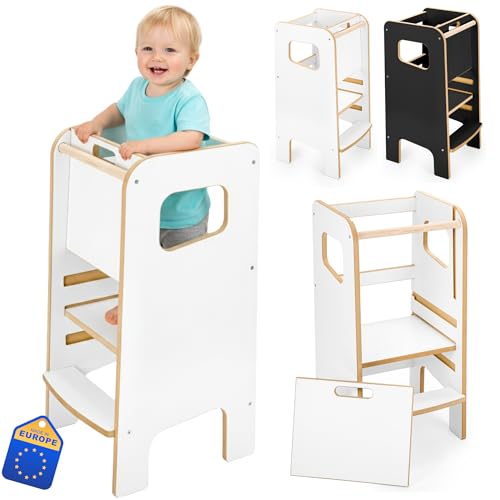 Montessori Lernturm für Kinder mit Riegel – weißer Küchenhelfer Tritthocker...