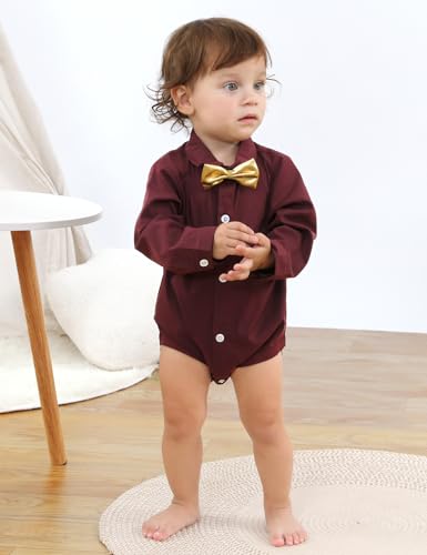 A&J Design Baby Boy Dress Shirt Infant Bodysuit Gentlemen Wedding Long Sleeve One Piece Formal Rompers 9-12 Months Burgundy thumb #1