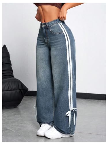 MakeMeChic Women's Straight Wide Leg Denim Pants Striped Bow Rise Jeans with Pocket Y2K Streetwear4