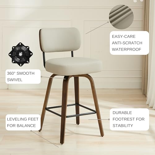 Image of Swivel Bar Stools Set of 2, 30 inch Upholstered Bar Height Stools with Back and Walnut Wood Legs, Faux Leather Barstools for Kitchen Counter, Beige Gray