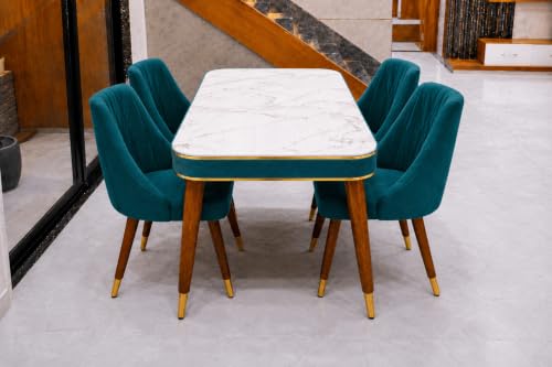 Image of WOODEN SPACE 4 Seater Wooden Dining Table Set | Urban Marble Top Dining Table with Chairs for Dining Room & Kitchen (Modern Frontline Sea Blue) (54 x 36 x 30 inch)