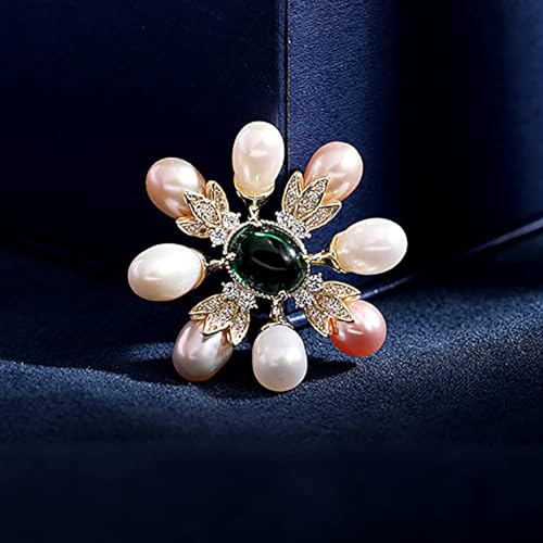 Image of 14K Gold Handcrafted Emerald Brooch with Moissanite and Freshwater Pearls - Vintage Style Floral Corsage, Fashion Coat Accessory Gift