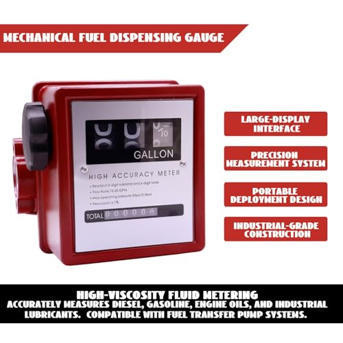 BORRITT 1\" 6-40 GPM 3-Digit Mechanical Fuel Transfer Meter in Gallons - Extreme Accuracy Aluminum Diesel Gasoline Meter for Fleet Fuel Management with 1\" NPT Male to 3/4\" NPT Female Reducer - Thumbnail 2