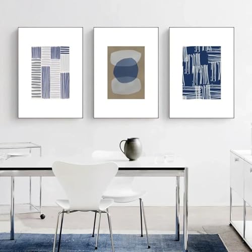 Art mural bleu et géométrique : lot de 3 toiles abstraites littéraires pour salon 60x80cm sans cadre