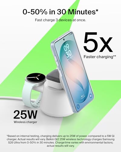 Image of Belkin Qi2.2 25W Magnetic Wireless Charging Station, 3 in 1 Samsung Charger