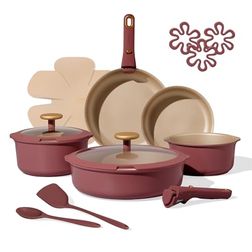 CAROTE 18Pcs Titanium Reinforced NonstickPots and Pans Set, Non-Stick Cookware Set with Detachable Handle, Induction Kitchen Cookware Sets, PFOS, PFOA Free, RV Cookware Set, Oven Safe, Burgundy