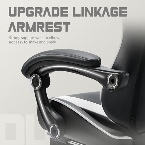 Image of DUMOS Ergonomic Gaming Office Desk Chair with Footrest and Headrest, PU Leather Video Computer Chair with Linkage Armrests, Height Adjustable 360 Swivel Recling, Black White