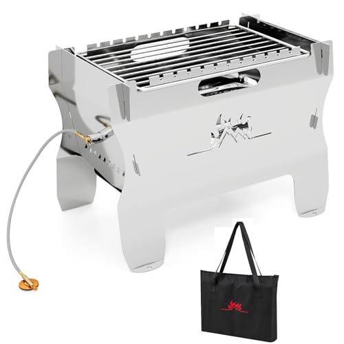 BKSXSOP Parrilla de Camping 2 en 1, brasero de Gas portátil con Rejilla de Acero Inoxidable y Bolsa de Transporte, ahumador de Mesa para Exteriores con leña y carbón para Picnic, jardín o