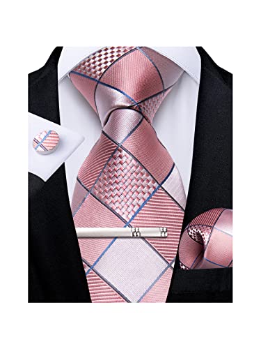 Image of DiBanGu Plaid Ties for Men Silk Checkered Necktie and Pocket Square Cufflinks Tie Clip Set with Gift Box for Wedding Business