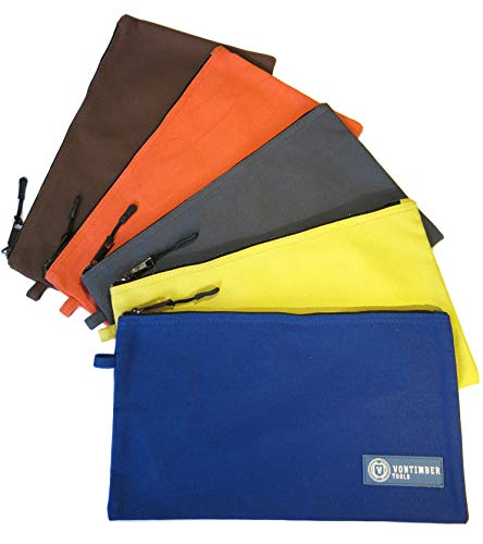 Tool Pouch Zipper Bag | 5 Pack Utility Bags | Heavy Duty 12.5-Inch Canvas with Durable Metal Zipper & Carabiner | Spacious Tool Storage Organizer Set by VonTimber