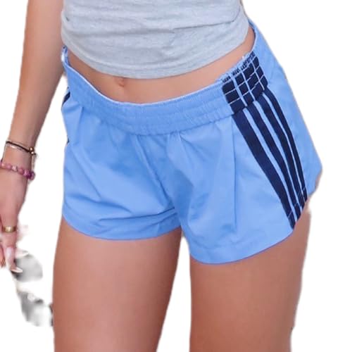 Seyurigaoka Women Striped Athletic Shorts Low Rise Wide Leg Gym Shorts Summer Loose Lounge Running Sweat Shorts (Light Blue, M)